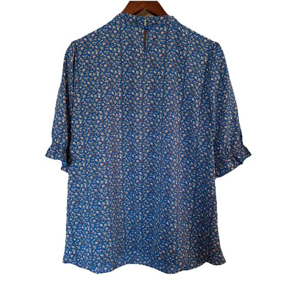 BTFBM Blue Floral High Neck Short Sleeve Blouse Size Large Ruffled Sleeves - Picture 2 of 13